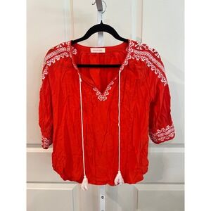 Solitaire Red Embroidered Peasant Blouse Tassel Tie V-Neck 3/4 Sleeve Top 20-951